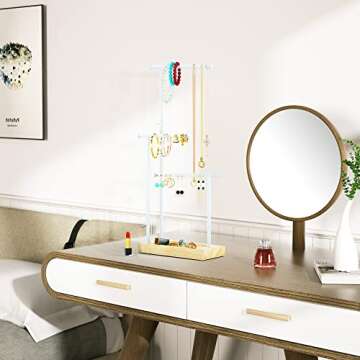 SRIWATANA Jewelry Organizer Display Extra Tall Necklace Holder 3 Tier Jewelry Tree Stand, Gift Idea (Natural Color & White)