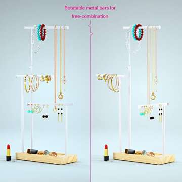 SRIWATANA Jewelry Organizer Display Extra Tall Necklace Holder 3 Tier Jewelry Tree Stand, Gift Idea (Natural Color & White)