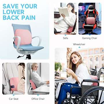 Fyore Lumbar Pillow Memory Foam Back Support Cushion with Anti-Slip Particles Designed for Lower Back Pain Relief Back Pillow 2 Adjustable Straps for Computer/Office Chair,Car Seat,Recliner(Pink)