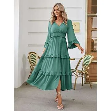Amegoya Women's V Neck Long Sleeve Boho Maxi Dress for Weddings and Baby Showers