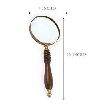 Deconoor 10X Handheld Magnifying Glass Lens, Antique Brass Magnifier, Fine Print Reading, Inspection, Coin & Stamp, Astrologer, Science, Low Sight Elderly, with Wooden Handle, Collectible Décor Gift