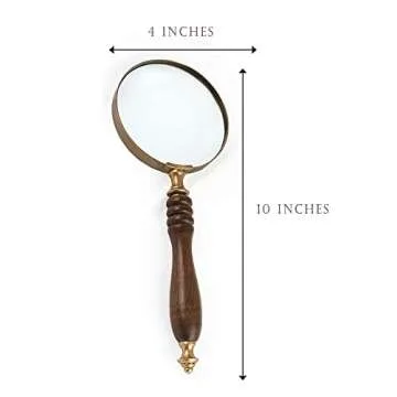 Deconoor 10X Handheld Magnifying Glass Lens, Antique Brass Magnifier, Fine Print Reading, Inspection, Coin & Stamp, Astrologer, Science, Low Sight Elderly, with Wooden Handle, Collectible Décor Gift