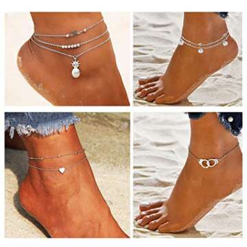 FUNEIA 12Pcs Anklets for Women Silver Gold Ankle Bracelets Set Boho Layered Beach Adjustable Chain Anklet Foot Jewelry (C:6Silver+6Gold)