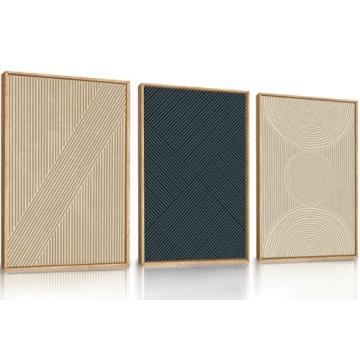 Ausril Neutral Minimalist Line Framed Canvas Wall Art Set, Beige Abstract Wall Decor, Modern Illustr...