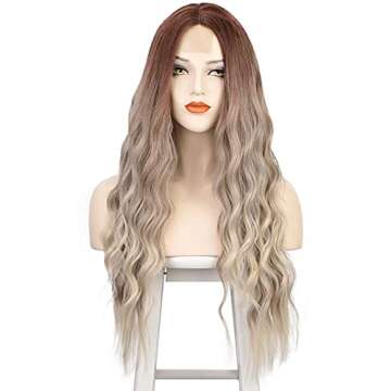 CQW Long Curly Brown ombre Blonde Wigs for White Women Natural Looking Wavy Synthetic Hair Replaceme...