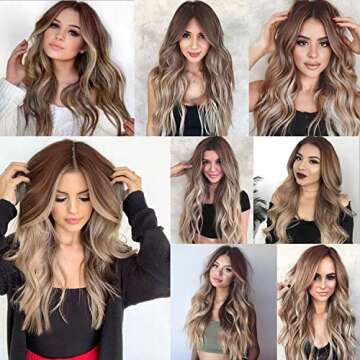CQW Long Curly Brown ombre Blonde Wigs for White Women Natural Looking Wavy Synthetic Hair Replacement Wigs, Cute Fashion Heat Resistant Wigs for Daily Party Costume C006