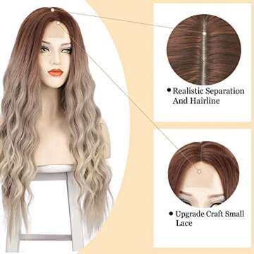 CQW Long Curly Brown ombre Blonde Wigs for White Women Natural Looking Wavy Synthetic Hair Replacement Wigs, Cute Fashion Heat Resistant Wigs for Daily Party Costume C006