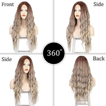 CQW Long Curly Brown ombre Blonde Wigs for White Women Natural Looking Wavy Synthetic Hair Replacement Wigs, Cute Fashion Heat Resistant Wigs for Daily Party Costume C006