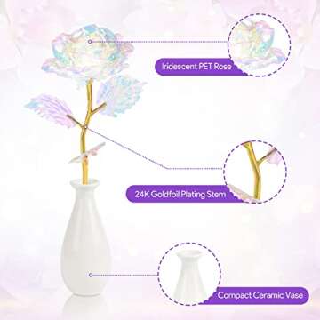 Rainbow Artificial Rose Flower Valentines Day Gifts for Mom with Gold Foil Stem&Ceramic Vase Gifts f...