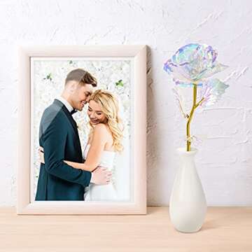 Rainbow Artificial Rose Flower Valentines Day Gifts for Mom with Gold Foil Stem&Ceramic Vase Gifts for Her,Girlfriend, Rose Gifts for Women, Wife, Unique Gifts for Birthday Anniversary Mother's Day