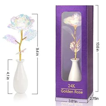 Rainbow Artificial Rose Flower Valentines Day Gifts for Mom with Gold Foil Stem&Ceramic Vase Gifts for Her,Girlfriend, Rose Gifts for Women, Wife, Unique Gifts for Birthday Anniversary Mother's Day