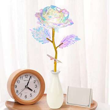 Rainbow Artificial Rose Flower Valentines Day Gifts for Mom with Gold Foil Stem&Ceramic Vase Gifts for Her,Girlfriend, Rose Gifts for Women, Wife, Unique Gifts for Birthday Anniversary Mother's Day