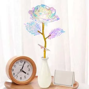 Rainbow Artificial Rose Flower Valentines Day Gifts for Mom with Gold Foil Stem&Ceramic Vase Gifts for Her,Girlfriend, Rose Gifts for Women, Wife, Unique Gifts for Birthday Anniversary Mother's Day