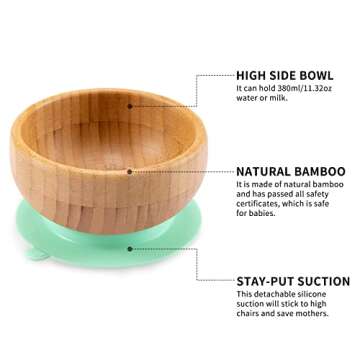 Baby Bamboo Suction Plate, Bowl and Spoon Set, Wooden Feeding Set for Toddler 1-3 Year Old, Silicone...