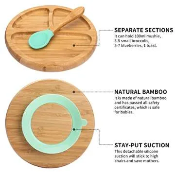 Baby Bamboo Suction Plate, Bowl and Spoon Set, Wooden Feeding Set for Toddler 1-3 Year Old, Silicone Suction Sticks to Most High Chairs for Non Slip & Silicone Spoon Tips with Wood Handle
