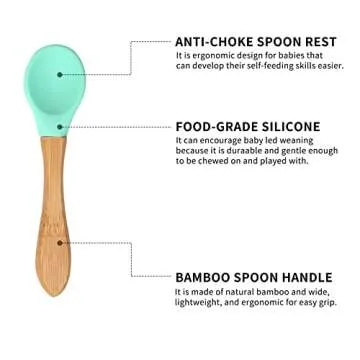 Baby Bamboo Suction Plate, Bowl and Spoon Set, Wooden Feeding Set for Toddler 1-3 Year Old, Silicone Suction Sticks to Most High Chairs for Non Slip & Silicone Spoon Tips with Wood Handle
