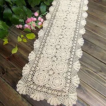 KEPSWET Cotton Handmade Crochet Lace Table Runner Beige Rectangle Coffee Table Dresser Decor (14x36 ...