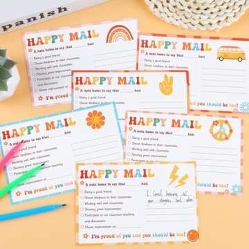 60 Pcs Retro Groovy Happy Mail Teacher Notes to Parents Classroom Good Behavior Incentive Motivational Cards Positive Postcards to Send Home for Home Classroom Preschool Kindergarten Elementary School