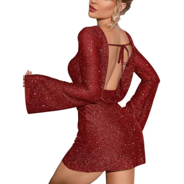 EYNMIN Women's Sparkly Sequin Backless Tie Mini Dress - Long Sleeve Glitter Bodycon Party Club Dress...