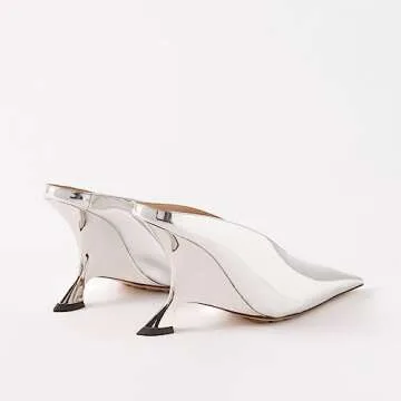 Arqa Metallic Leather Heeled Mules for Women Pointed Toe Wedge Heel Slide Sandals Slip-on Mule Heels Silver Size 8.5