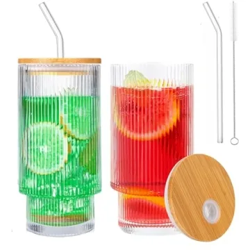 POYDORA 16 OZ Glass Cups with Lids & Straws - Vintage Ribbed Design for Coffee, Beer, Cocktails