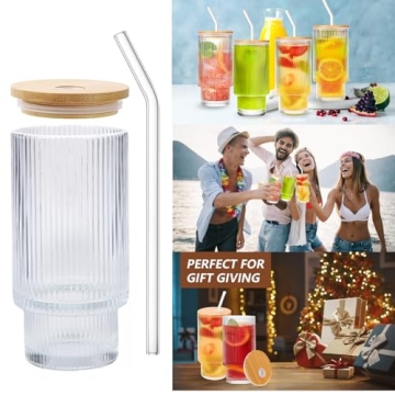 POYDORA 16 OZ Glass Cups with Lids Straws Vintage Ribbed Design