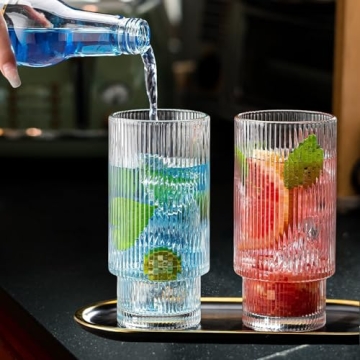 POYDORA 16 OZ Glass Cups with Lids Straws Vintage Ribbed Design