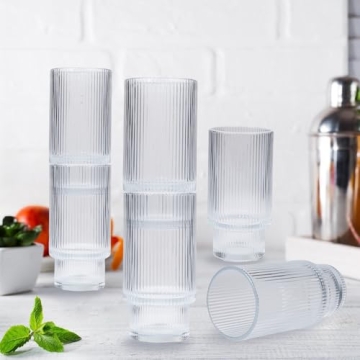 POYDORA 16 OZ Glass Cups with Lids Straws Vintage Ribbed Design
