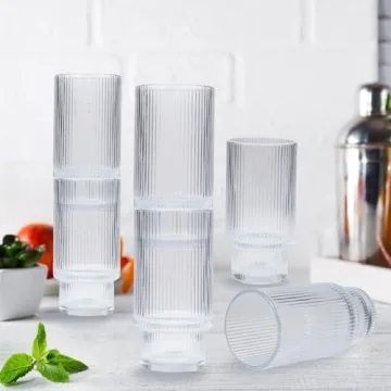 POYDORA 16 OZ Glass Cups with Lids Straws Vintage Ribbed Design