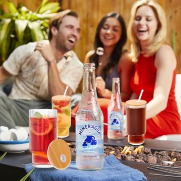 POYDORA 16 OZ Glass Cups with Lids Straws Vintage Ribbed Design