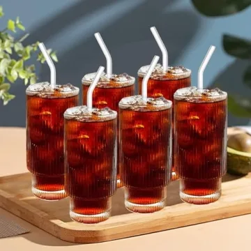 POYDORA 16 OZ Glass Cups with Lids Straws Vintage Ribbed Design