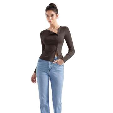 SUUKSESS Women Button Down Ribbed Modal Tops Long Sleeve Fall Fitted Going Out Shirt (Brown, S)