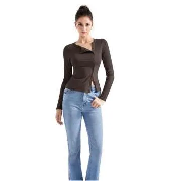 SUUKSESS Women Button Down Ribbed Modal Tops Long Sleeve Fall Fitted Going Out Shirt (Brown, S)