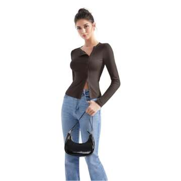 SUUKSESS Women Button Down Ribbed Modal Tops Long Sleeve Fall Fitted Going Out Shirt (Brown, S)