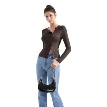 SUUKSESS Women Button Down Ribbed Modal Tops Long Sleeve Fall Fitted Going Out Shirt (Brown, S)