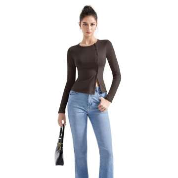 SUUKSESS Women Button Down Ribbed Modal Tops Long Sleeve Fall Fitted Going Out Shirt (Brown, S)