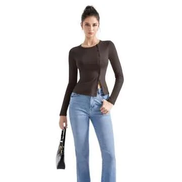 SUUKSESS Women Button Down Ribbed Modal Tops Long Sleeve Fall Fitted Going Out Shirt (Brown, S)