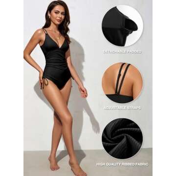 Aleumdr Sexy One Piece Swimsuit for Women Ruched Tummy Control Bathing Suit High Cut V Neck Tie Side Swimwear Black Medium