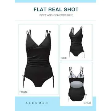 Aleumdr Sexy One Piece Swimsuit for Women Ruched Tummy Control Bathing Suit High Cut V Neck Tie Side Swimwear Black Medium