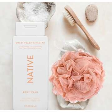 Native Luxurious Body Wash and Loofah Bundle - Sweet Peach Nectar Scent - Free of Sulfates, Parabens, and Phthalates - 100% Vegan & Cruelty-Free - 18 oz.