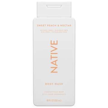 Native Luxurious Body Wash and Loofah Bundle - Sweet Peach Nectar Scent - Free of Sulfates, Parabens, and Phthalates - 100% Vegan & Cruelty-Free - 18 oz.