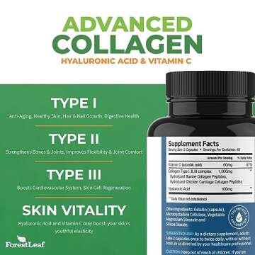 ForestLeaf Multi Collagen Pills with Hyaluronic Acid + Vitamin C | Hydrolyzed Collagen Supplements for Women or Men | Multi Collagen Capsules Peptides for Skin, Wrinkles, 120 Caps