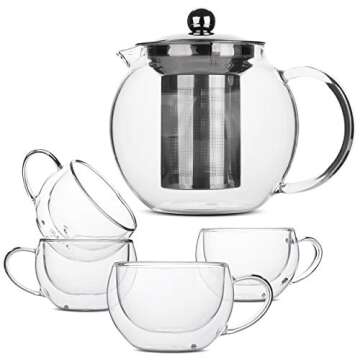 BTaT- Glass Tea Pot Set, Set of 4, Tea Set, Tea Cups, Tea Pot, Glass Tea Cup, Tea Kettles Stovetop, Tea Set for Adults, Glass Tea Kettle, Tea Kettle with Infuser, Double Wall Glass