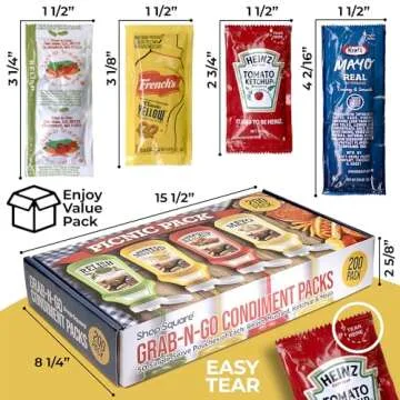 Grab-n-Go Condiment Packs - 50 Single Serve Pouches of Each: Ketchup, Mustard, Relish, and Mayo - Great for Picnics, Boxed Lunch, BBQ, Travel, Picnic and Parties (200 Condiment Packets Total)