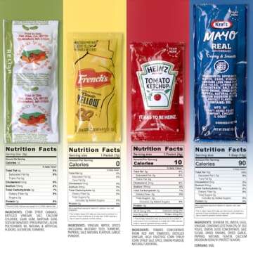 Grab-n-Go Condiment Packs - 50 Single Serve Pouches of Each: Ketchup, Mustard, Relish, and Mayo - Great for Picnics, Boxed Lunch, BBQ, Travel, Picnic and Parties (200 Condiment Packets Total)