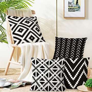 KLSMYHOKI Waterproof Outdoor Pillow Covers 18x18 Set of 4 Boho Black and White Outdoor Pillows for Patio Furniture Decorative Garden Cushion Couch Throw Pillows Covers Farmhouse Home Decor