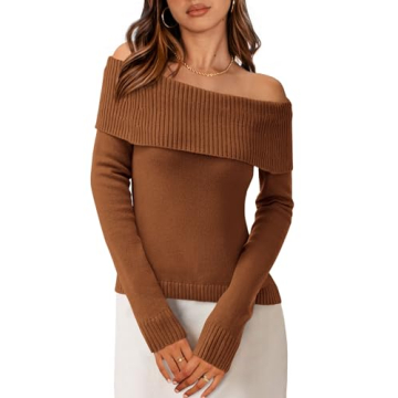PRETTYGARDEN Women's Fall Off Shoulder Sweaters Y2K Long Sleeve Ribbed Knit Fitted Pullover Winter D...