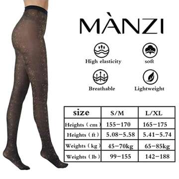 MANZI Sparkly Tights for Women, Lurex Metallic Shimmer Tights, 50 Denier Womens Glitter Tights (Black/Gold,L/XL)