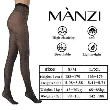 MANZI Sparkly Tights for Women, Lurex Metallic Shimmer Tights, 50 Denier Womens Glitter Tights (Black/Gold,L/XL)