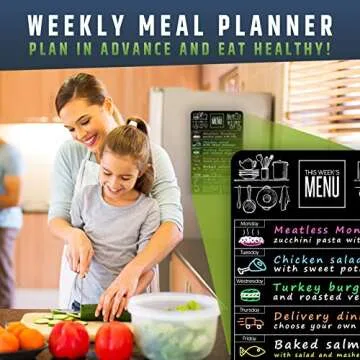 Cute 10"x16" Magnetic Dry-Erase Weekly Menu Blackboard for Kitchen Fridge (with 8 Bright Chalk Markers) & Free Bonus - Grocery/to-Do Lists Board - Daily Dinner Meal Planner Set for Home